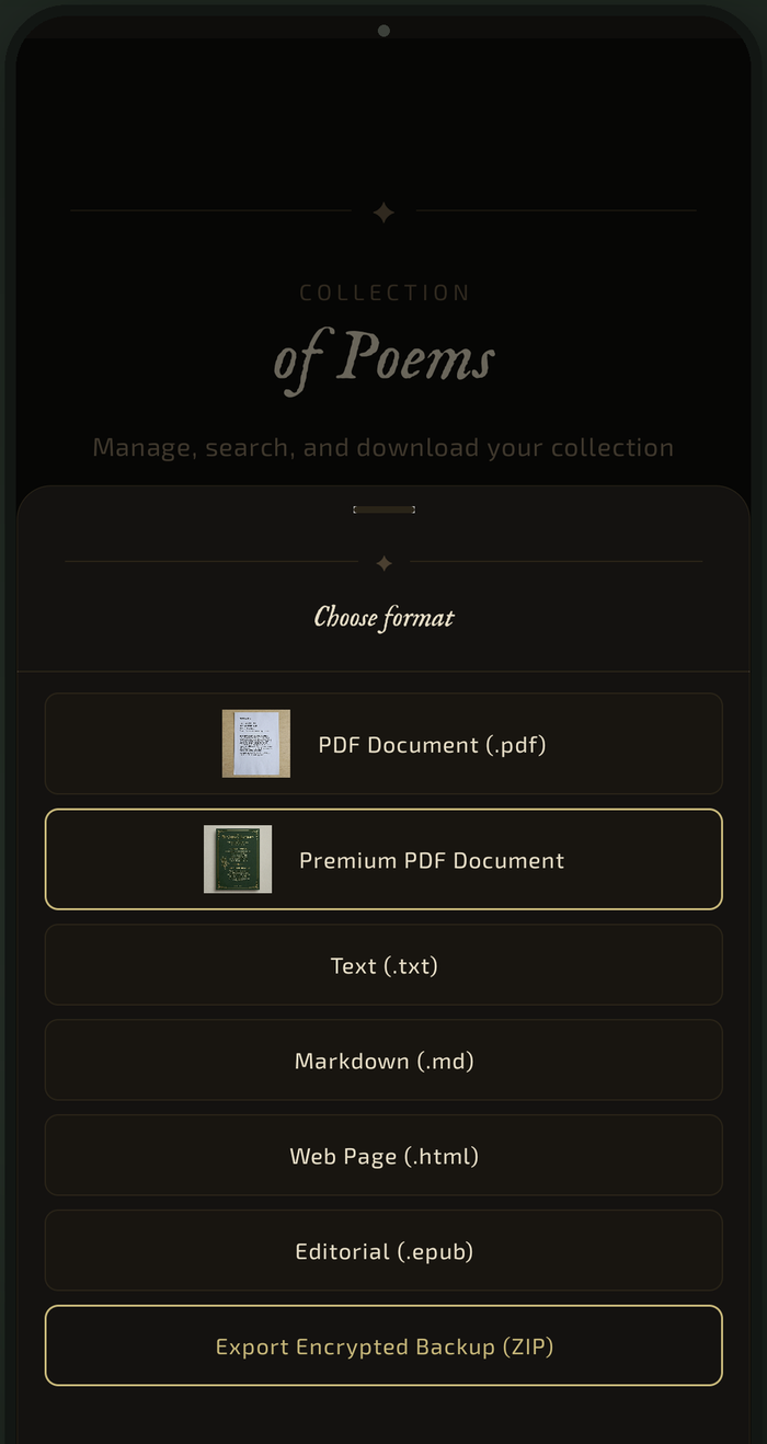 Menu di esportazione in PDF, ePub, Markdown e ZIP cifrato