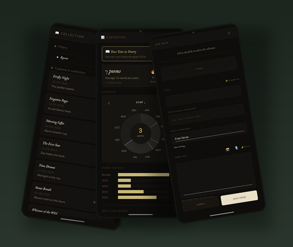 Schermate dell'app Poesie: raccolta, statistiche e nuovo componimento